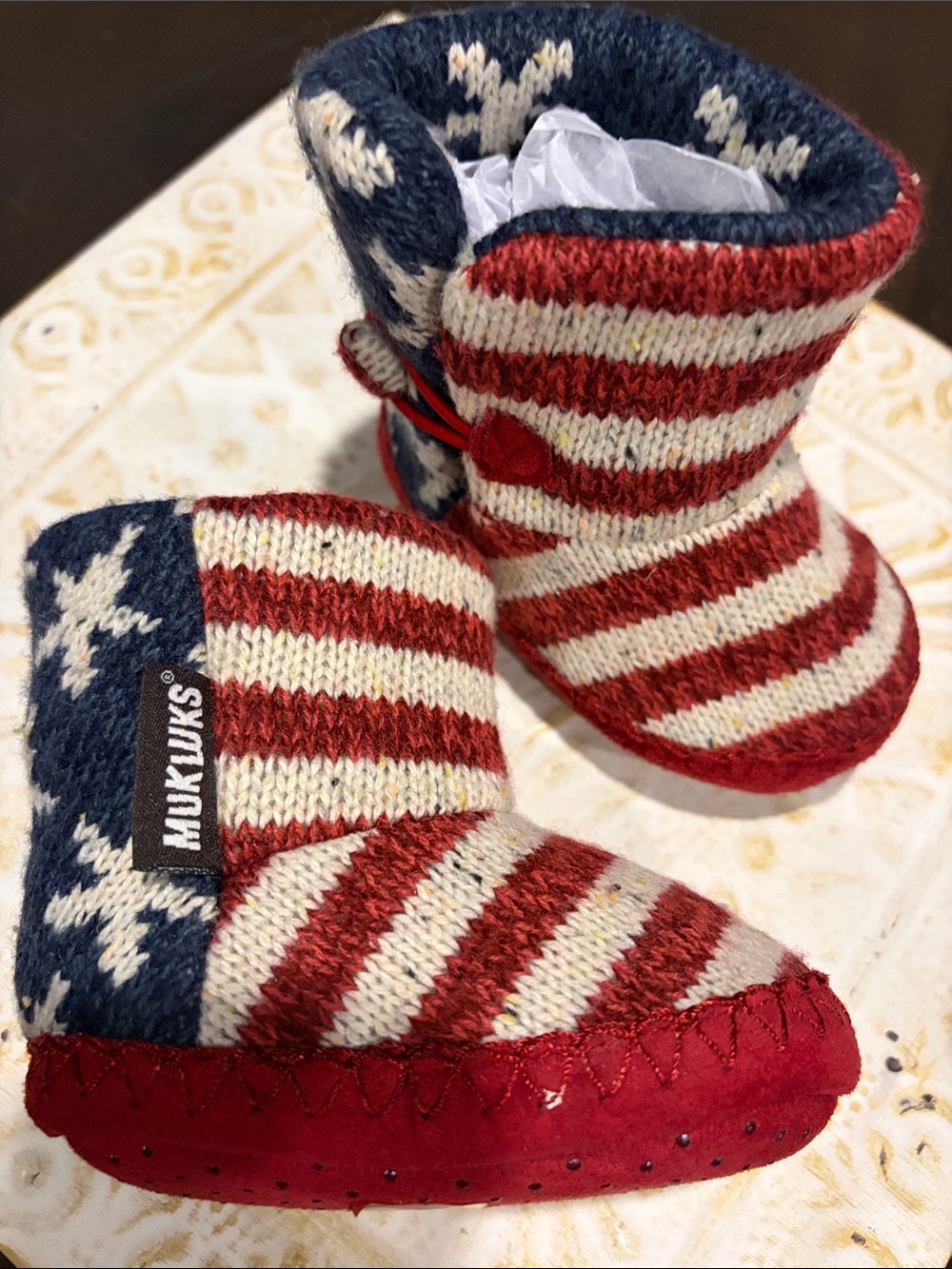 Muk Luks Red, White & Blue Striped Star Baby Booties size 6-12 months